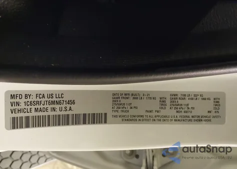 2021 Ram 1500 Laramie 4X4 5'7 Box from USA, damaged, VIN 1C6SRFJT6MN671456